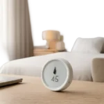 Une illustration moderne d’un capteur d’humidité dans un intérieur premium, pensée pour évoquer la maîtrise de l’air et le confort au quotidien. L’ambiance reste sobre, lumineuse et professionnelle.