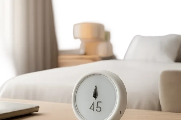Une illustration moderne d’un capteur d’humidité dans un intérieur premium, pensée pour évoquer la maîtrise de l’air et le confort au quotidien. L’ambiance reste sobre, lumineuse et professionnelle.