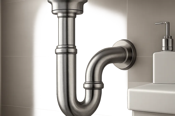 Illustration d’un siphon en inox installé sous un point d’eau, mettant en avant la propreté, la robustesse et la simplicité d’entretien. Visuel adapté pour évoquer la prévention des bouchons et des mauvaises odeurs.