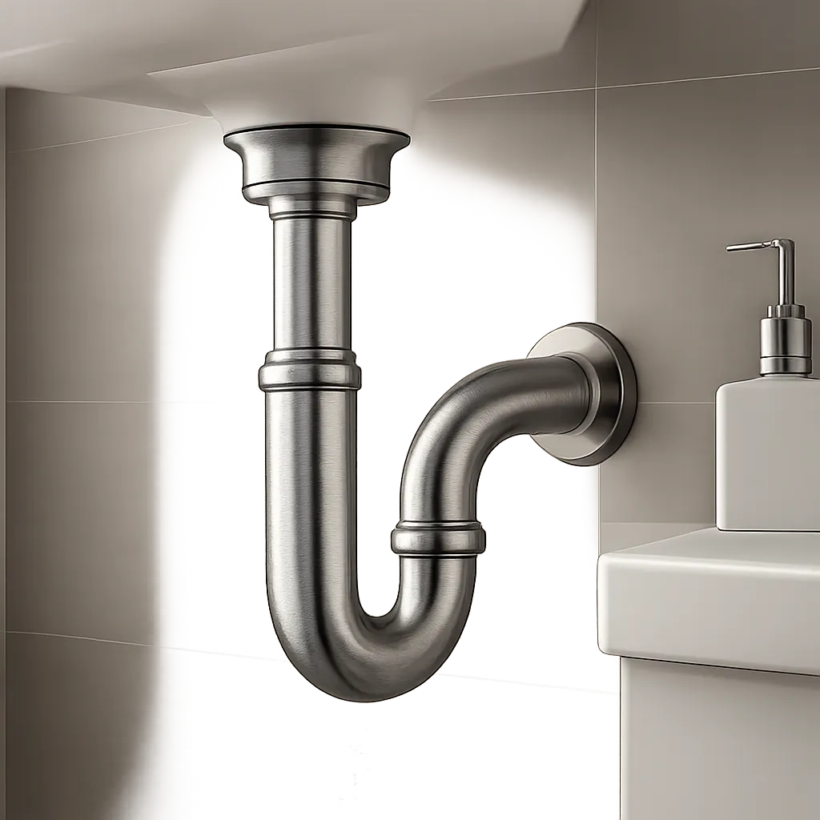 Illustration d’un siphon en inox installé sous un point d’eau, mettant en avant la propreté, la robustesse et la simplicité d’entretien. Visuel adapté pour évoquer la prévention des bouchons et des mauvaises odeurs.