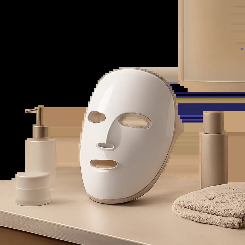 Un visuel élégant d’un masque LED visage dans un univers minimaliste et premium. L’image évoque la photothérapie à domicile, le soin anti-âge et la routine beauté moderne.