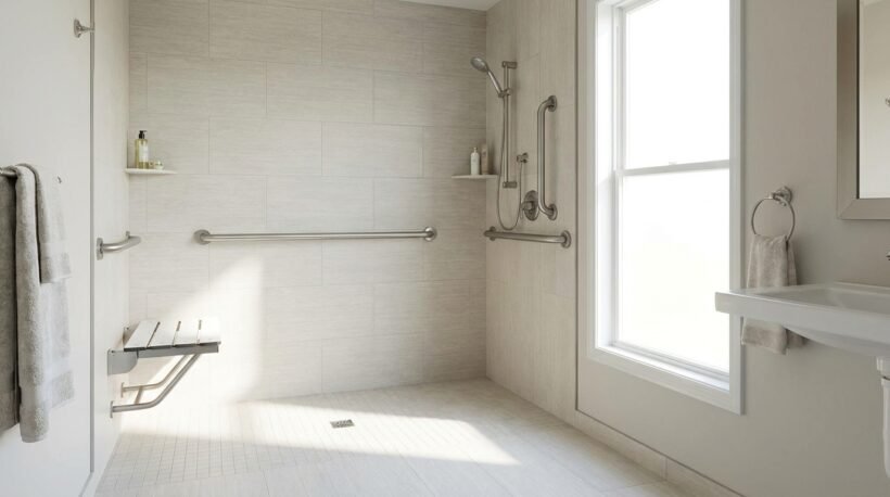 Salle de bain accessible senior, douche de plain-pied avec barre d'appui et siège, carrelage clair, lumineuse