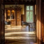 Intérieur d'une salle de bibliothèque avec meubles en bois et lumière